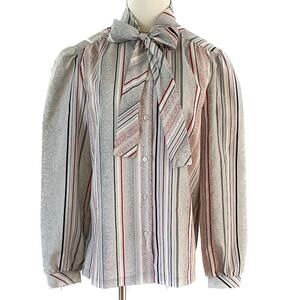 Vintage Devon striped neck bow secretary blouse red gray white size large L